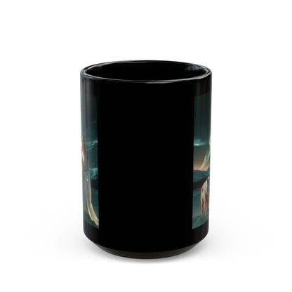 Taza negra de Mujer Mística y Lobo – Taza de café Aurora Fantasía (325 ml, 430 ml)