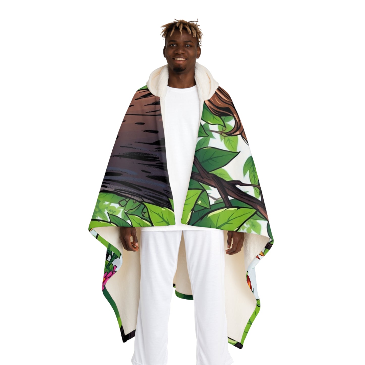 Hooded Sherpa Blanket — Tropical Jungle Floral Print Cozy Fleece Throw