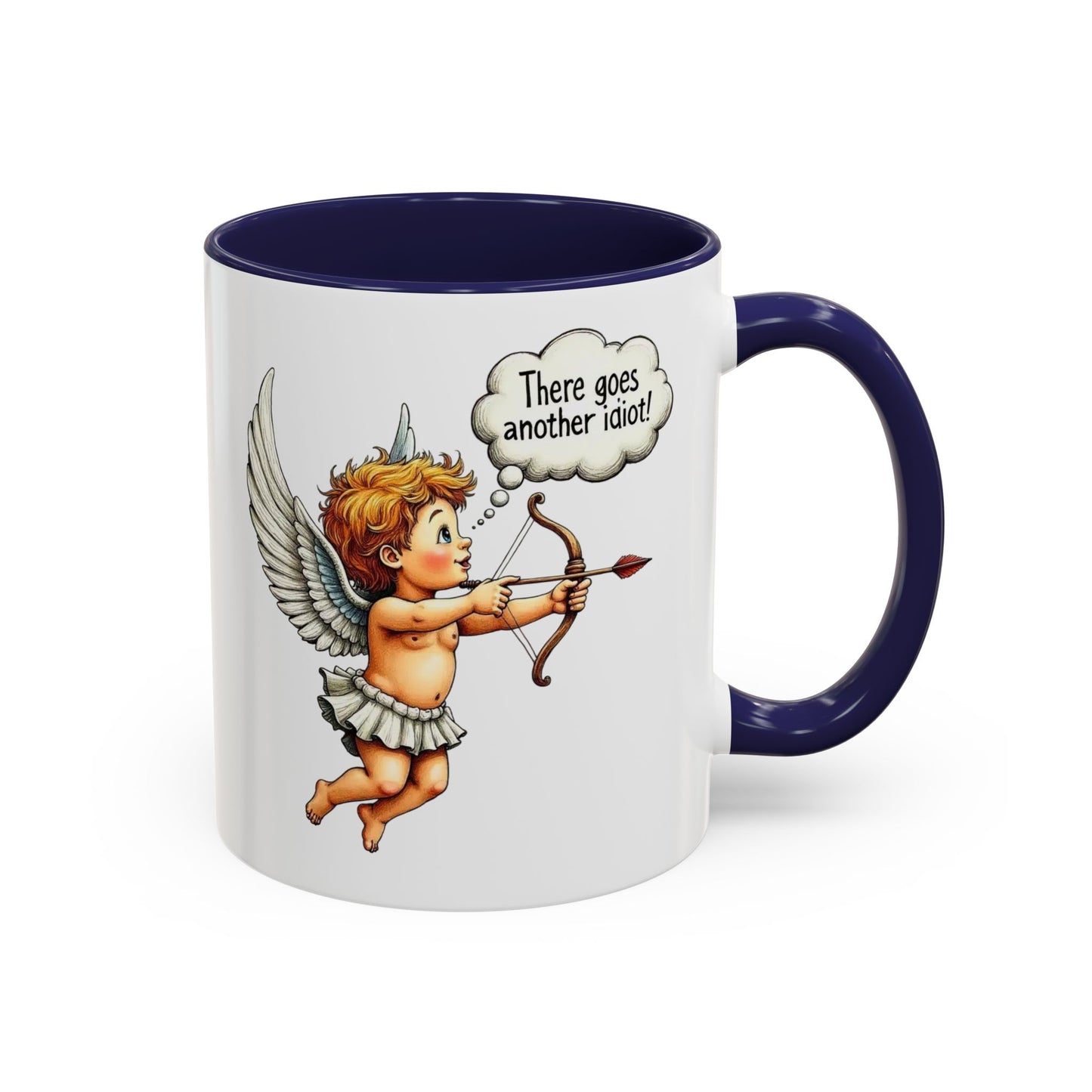 Cupid Coffee Mug — Vintage Cherub Saying "There goes another idiot!" Accent Mug