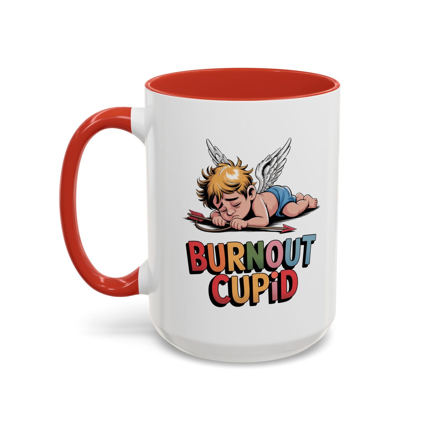 Burnout Cupid Coffee Mug — Cute Tired Cupid Accent Mug (11/15 oz)