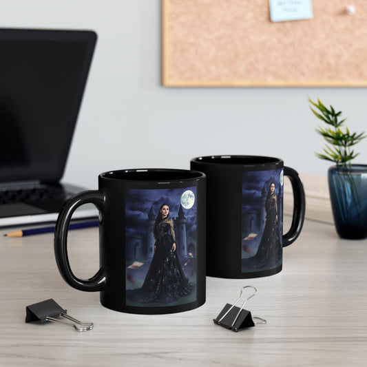Gothic Moonlit Witch Black Coffee Mug — Dark Castle Night Scene (11oz/15oz)