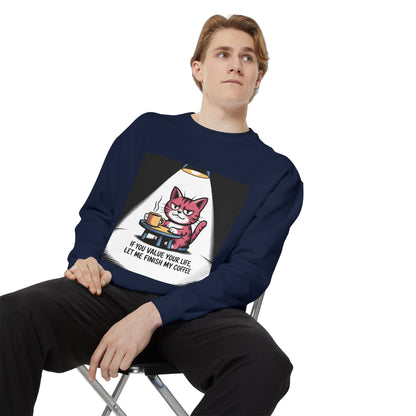 Lustiges Katzen-Sweatshirt – „Wenn dir dein Leben lieb ist, lass mich meinen Kaffee austrinken“ – Kuscheliger Pullover mit Grafikprint