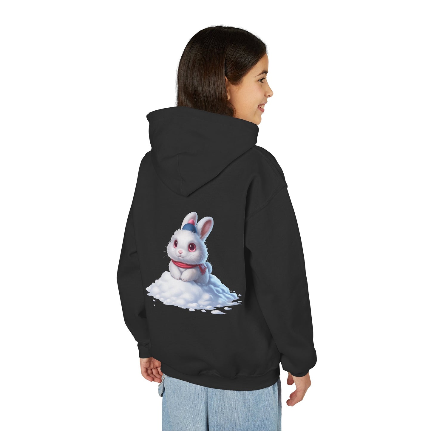 Youth Hoodie — Cute White Bunny in Snowback Graphic