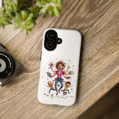 iPhone Phone Case — Hectic Mom Cartoon Design (Multitasking Mother, Kids & Chaos)