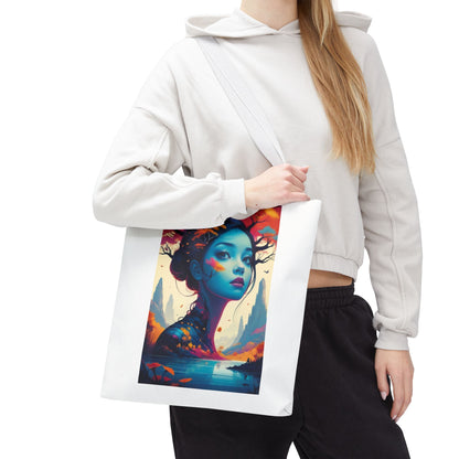 Artistic Blue Forest Maiden Tote Bag - Surreal Portrait All-Over Print