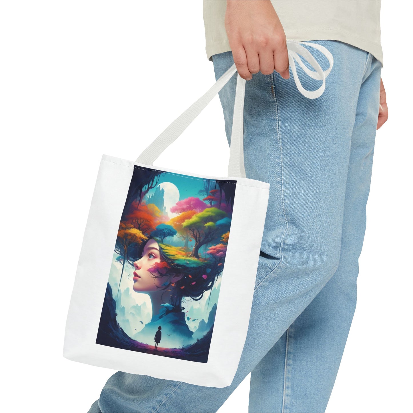 Surreale Traumlandschaft-Tragetasche – Bunte Frau &amp; Waldmotiv