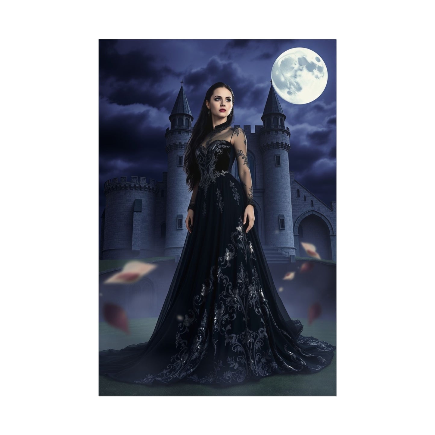 Gothic Moonlit Castle Poster — Dark Fantasy Woman Wall Art