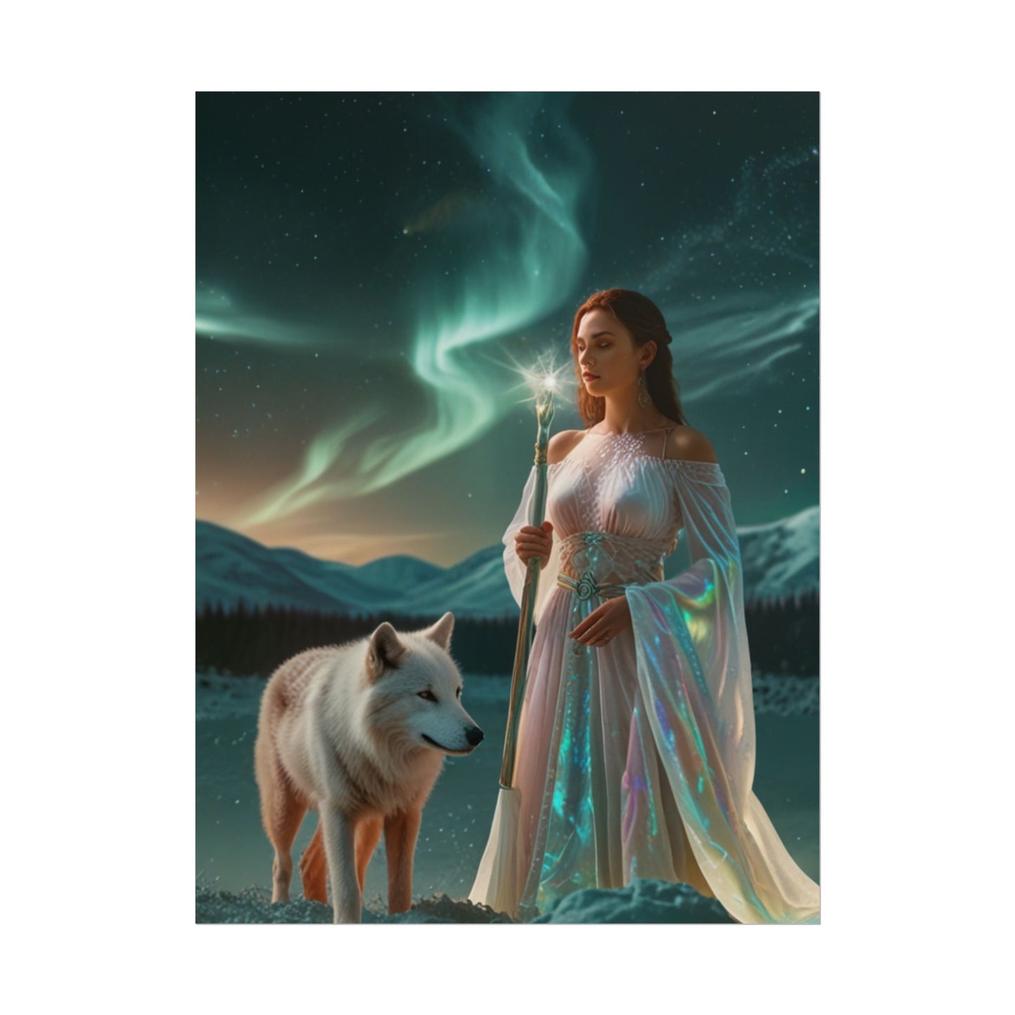 Aurora Guardian Poster – Fantasy-Frau mit weißem Wolf (Wandbild)