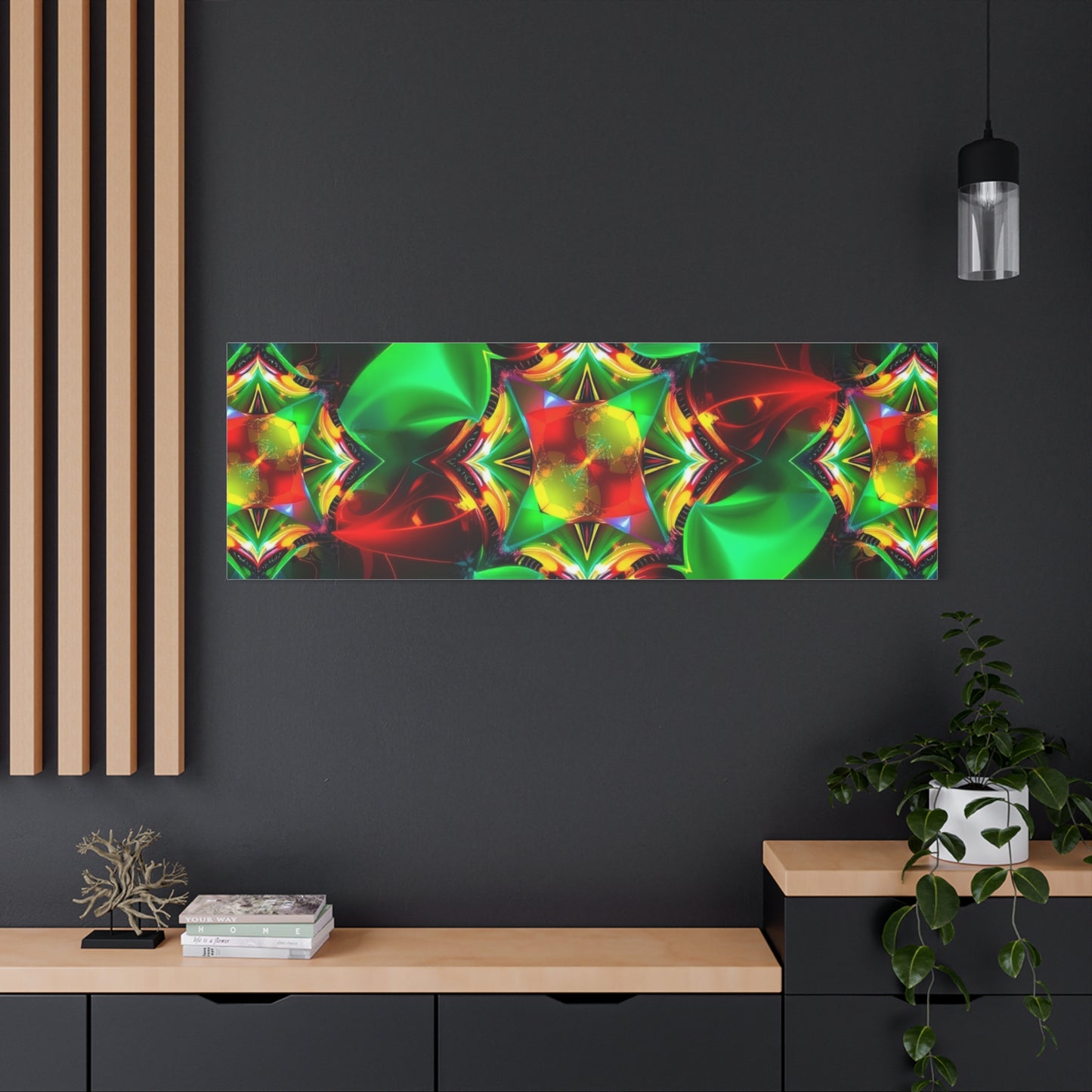 Kaleidoscope Abstract Matte Canvas Wall Art — Vibrant Green & Red Stretched Print