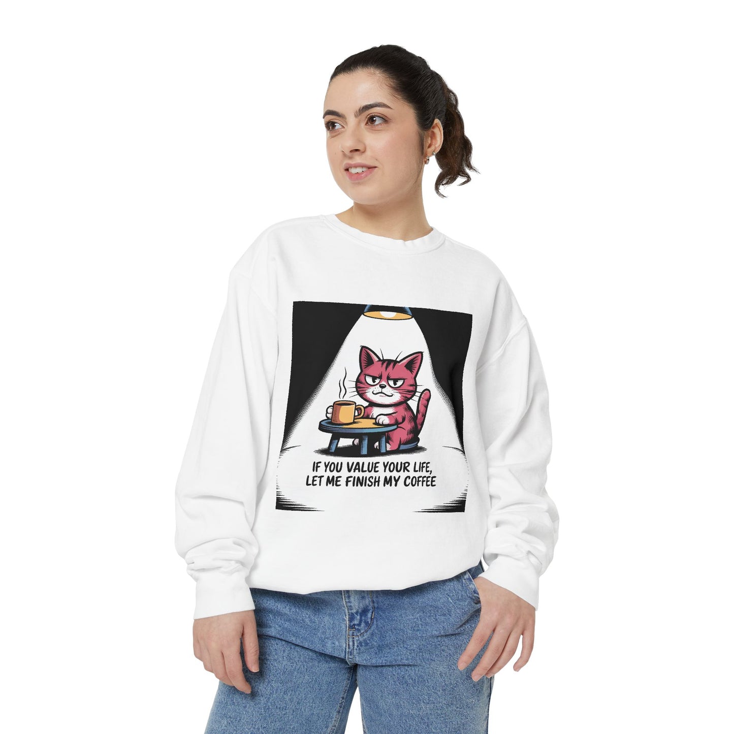 Lustiges Katzen-Sweatshirt – „Wenn dir dein Leben lieb ist, lass mich meinen Kaffee austrinken“ – Kuscheliger Pullover mit Grafikprint