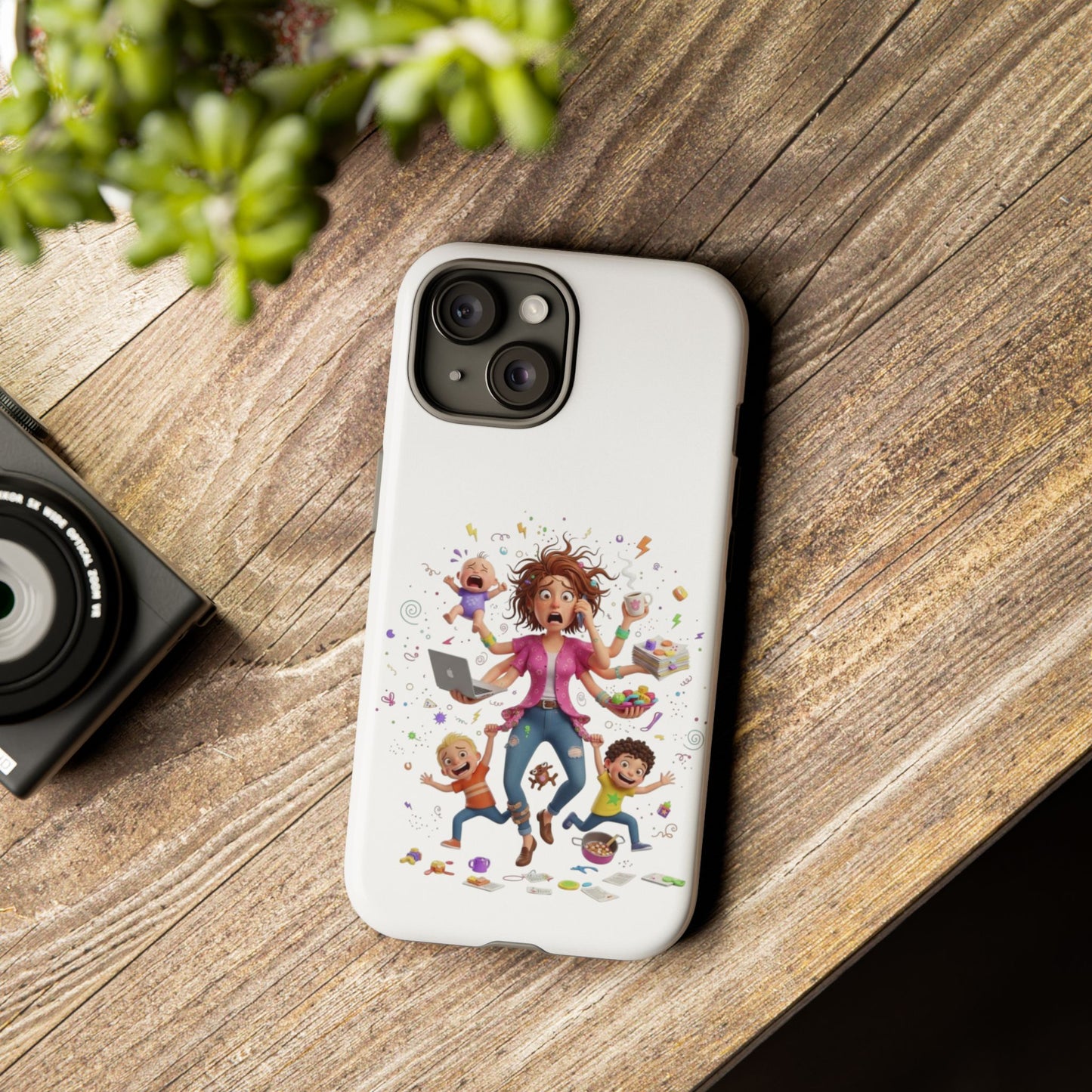 iPhone Phone Case — Hectic Mom Cartoon Design (Multitasking Mother, Kids & Chaos)