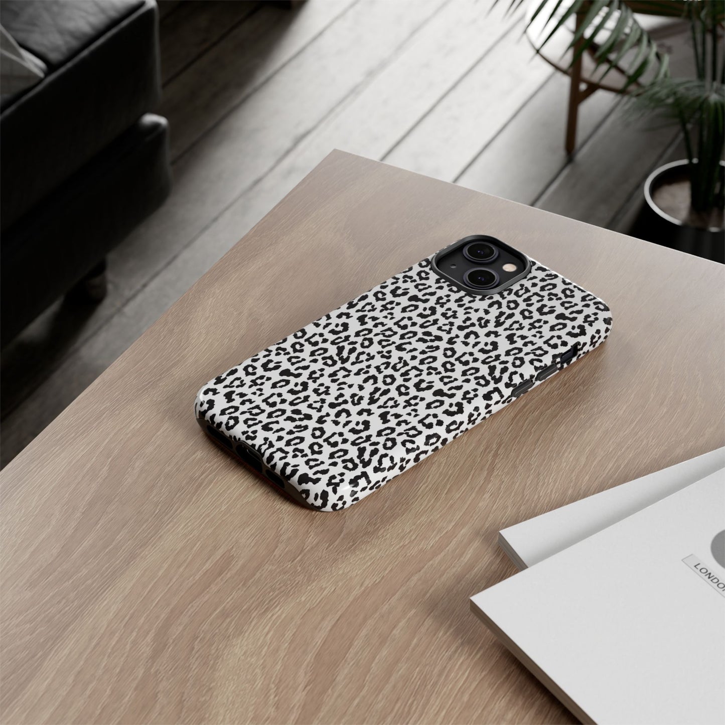 iPhone Leopard Print Tough Phone Case - Black & White Protective Cover