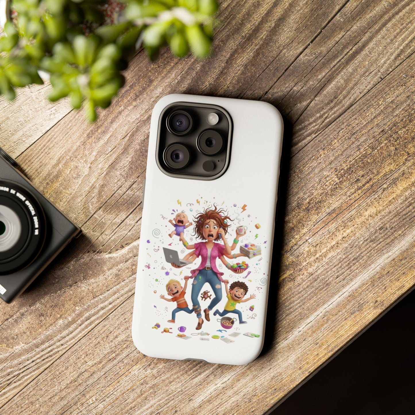 iPhone Phone Case — Hectic Mom Cartoon Design (Multitasking Mother, Kids & Chaos)