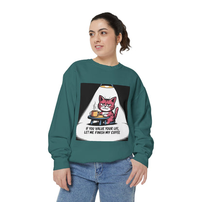 Lustiges Katzen-Sweatshirt – „Wenn dir dein Leben lieb ist, lass mich meinen Kaffee austrinken“ – Kuscheliger Pullover mit Grafikprint