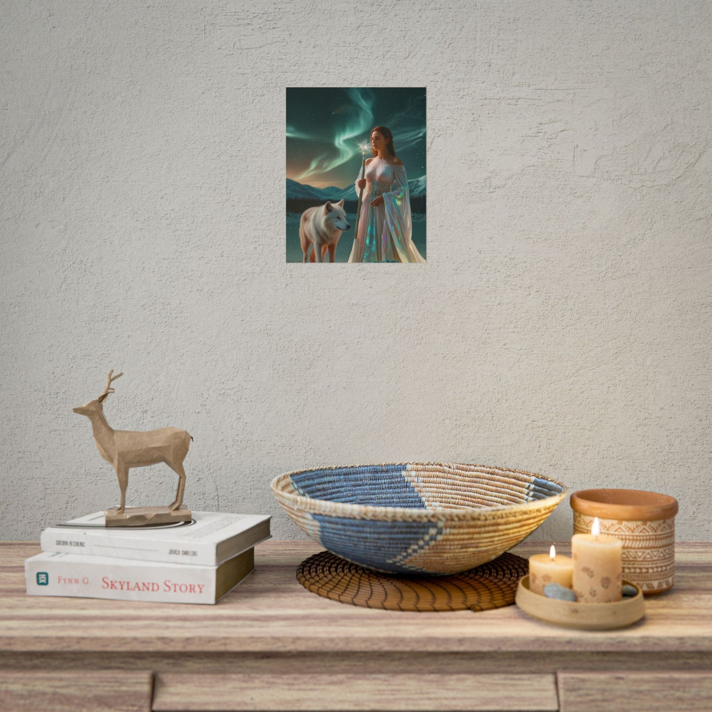 Aurora Guardian Poster – Fantasy-Frau mit weißem Wolf (Wandbild)