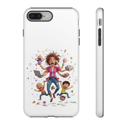 iPhone Phone Case — Hectic Mom Cartoon Design (Multitasking Mother, Kids & Chaos)