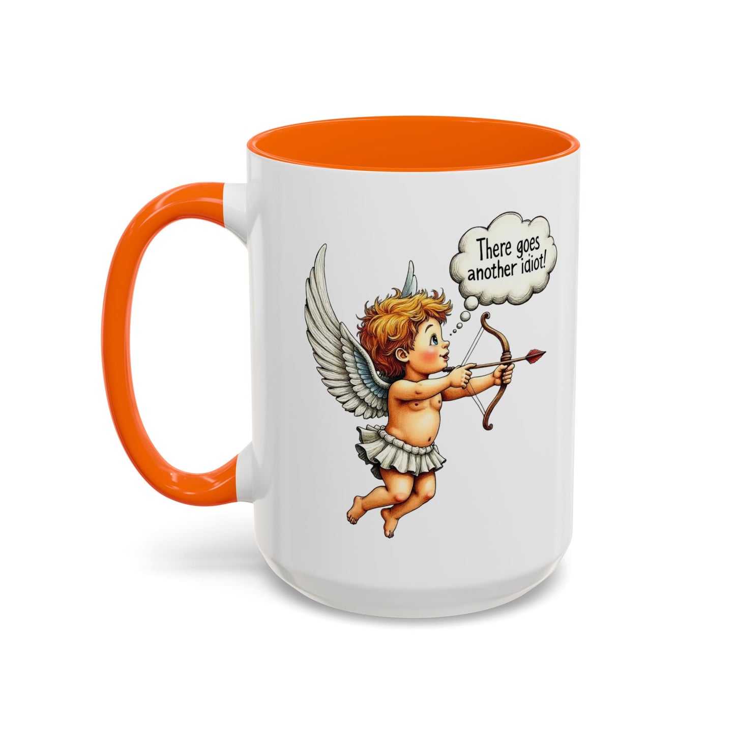 Cupid Coffee Mug — Vintage Cherub Saying "There goes another idiot!" Accent Mug