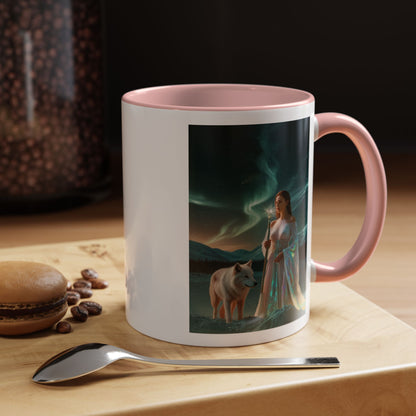 Taza de café Aurora Guardiana — Arte fantástico de mujer con lobo