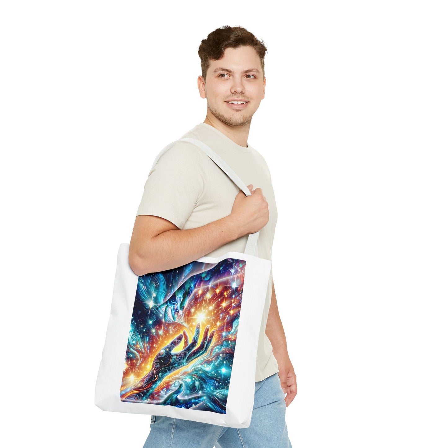 Cosmic Hands Tote Bag — Vibrant Galaxy Art Tote for Everyday, Beach & Gifts