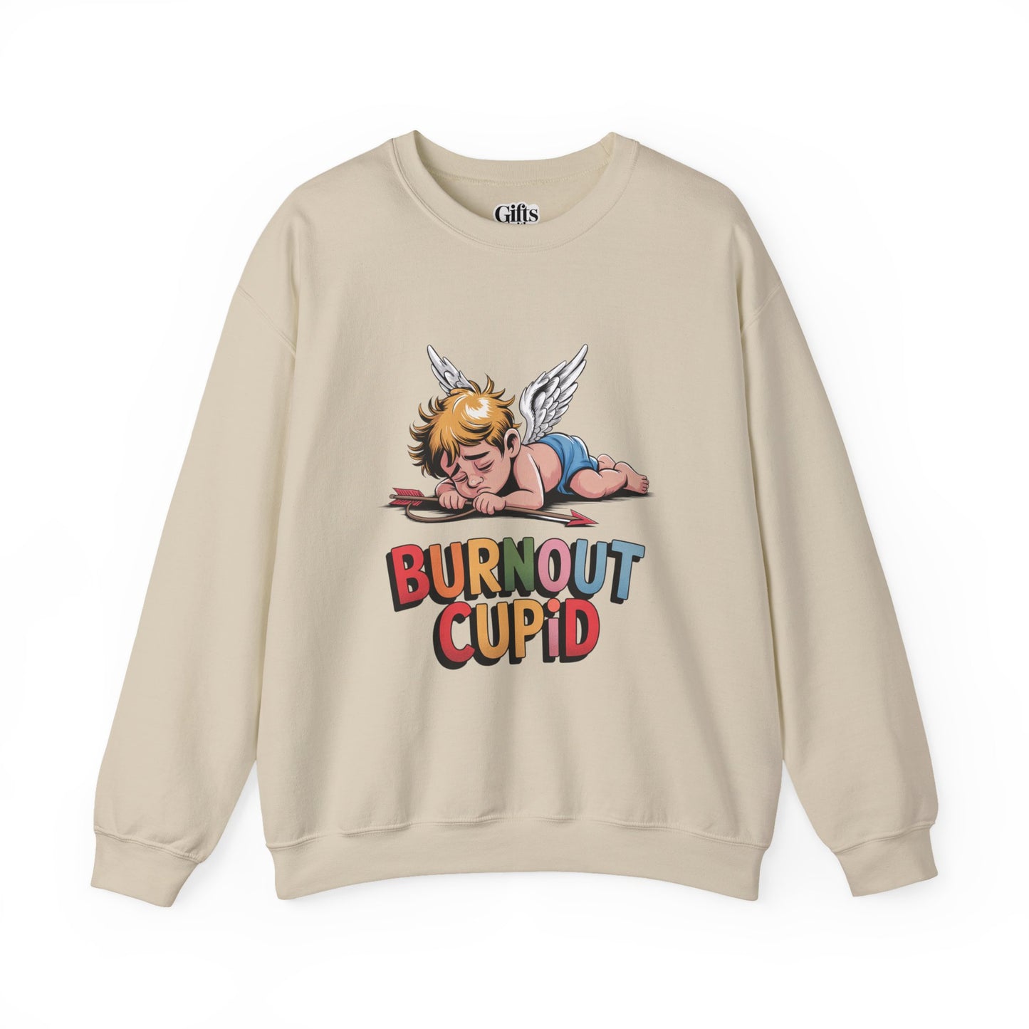 Burnout Cupid Sweatshirt — Tired Cupid Graphic Crewneck for Valentine’s Day