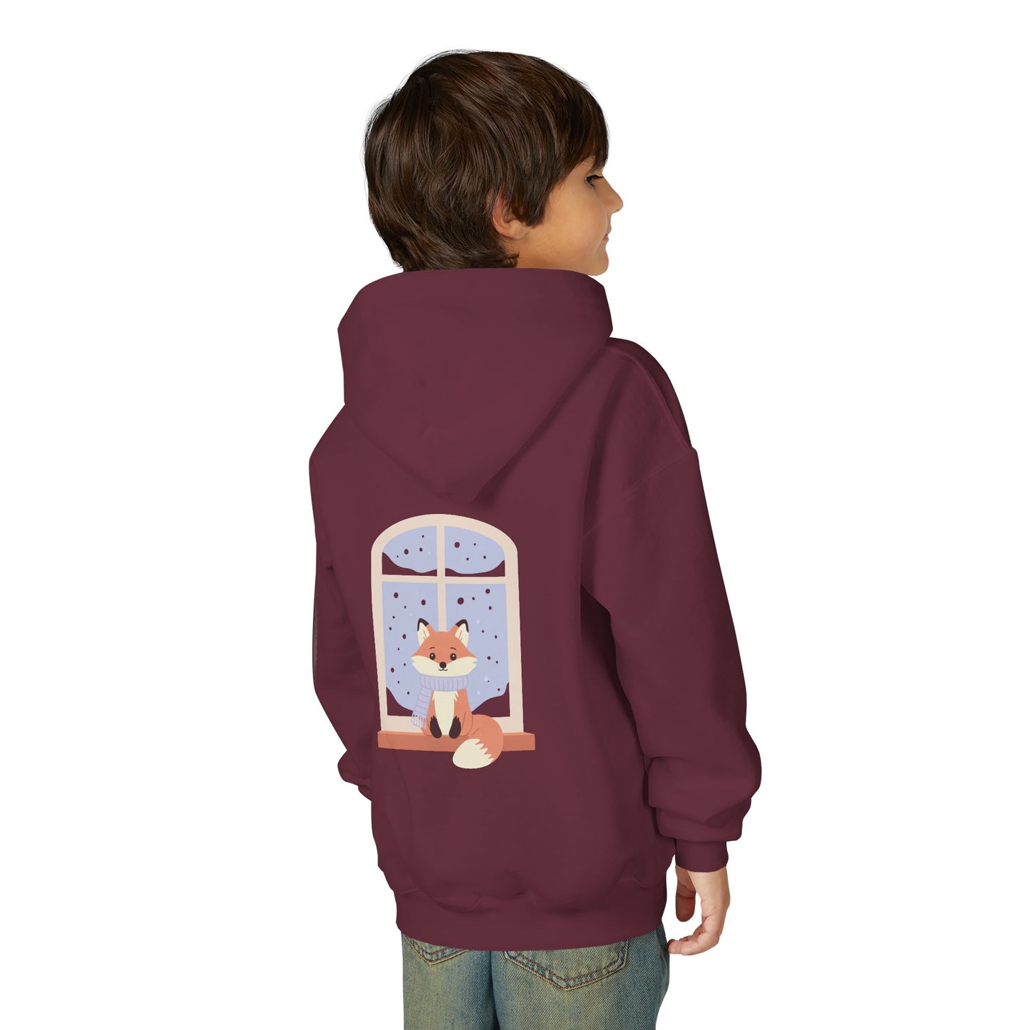 Youth Fox Winter Hoodie - Cute Fox at Window Kids Sweatshirt