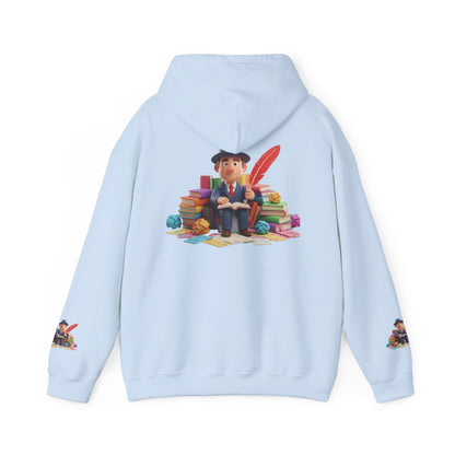 Book Lover Hoodie — Cute Reader Character with Books & Quill Sweatshirt