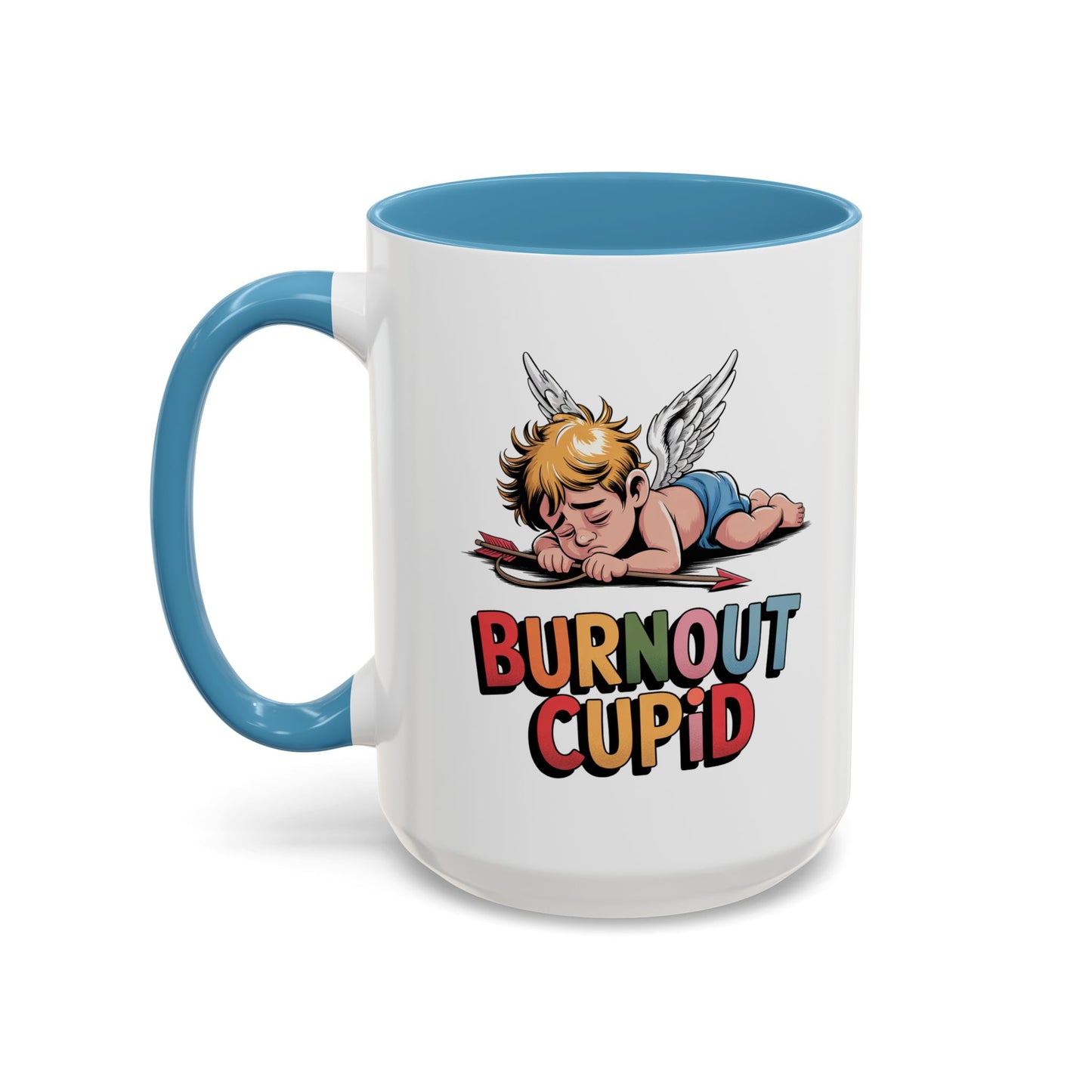 Burnout Cupid Coffee Mug — Cute Tired Cupid Accent Mug (11/15 oz)