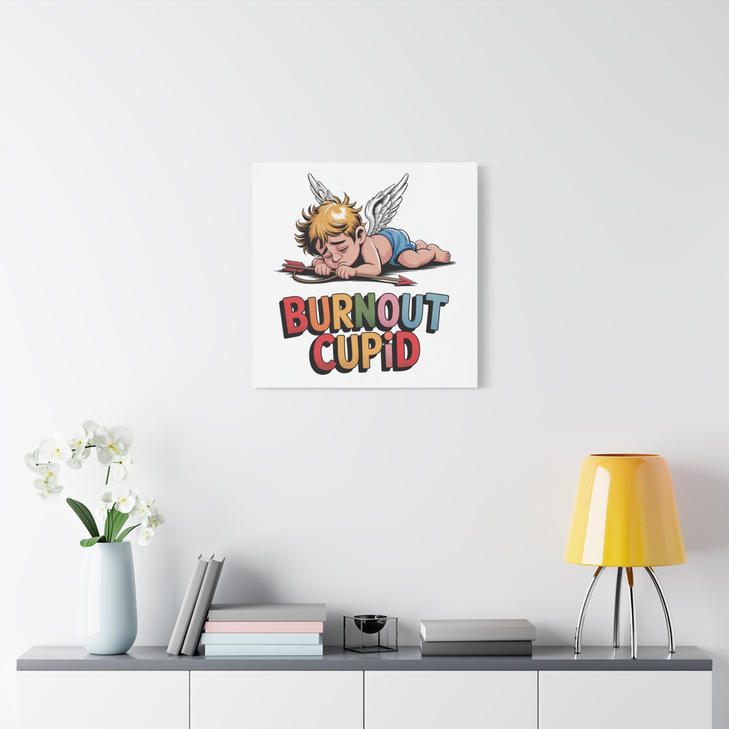 Burnout Cupid Matte Canvas Wall Art — Tired Cupid Illustration for Valentine’s Day, Self-Care & Humor
