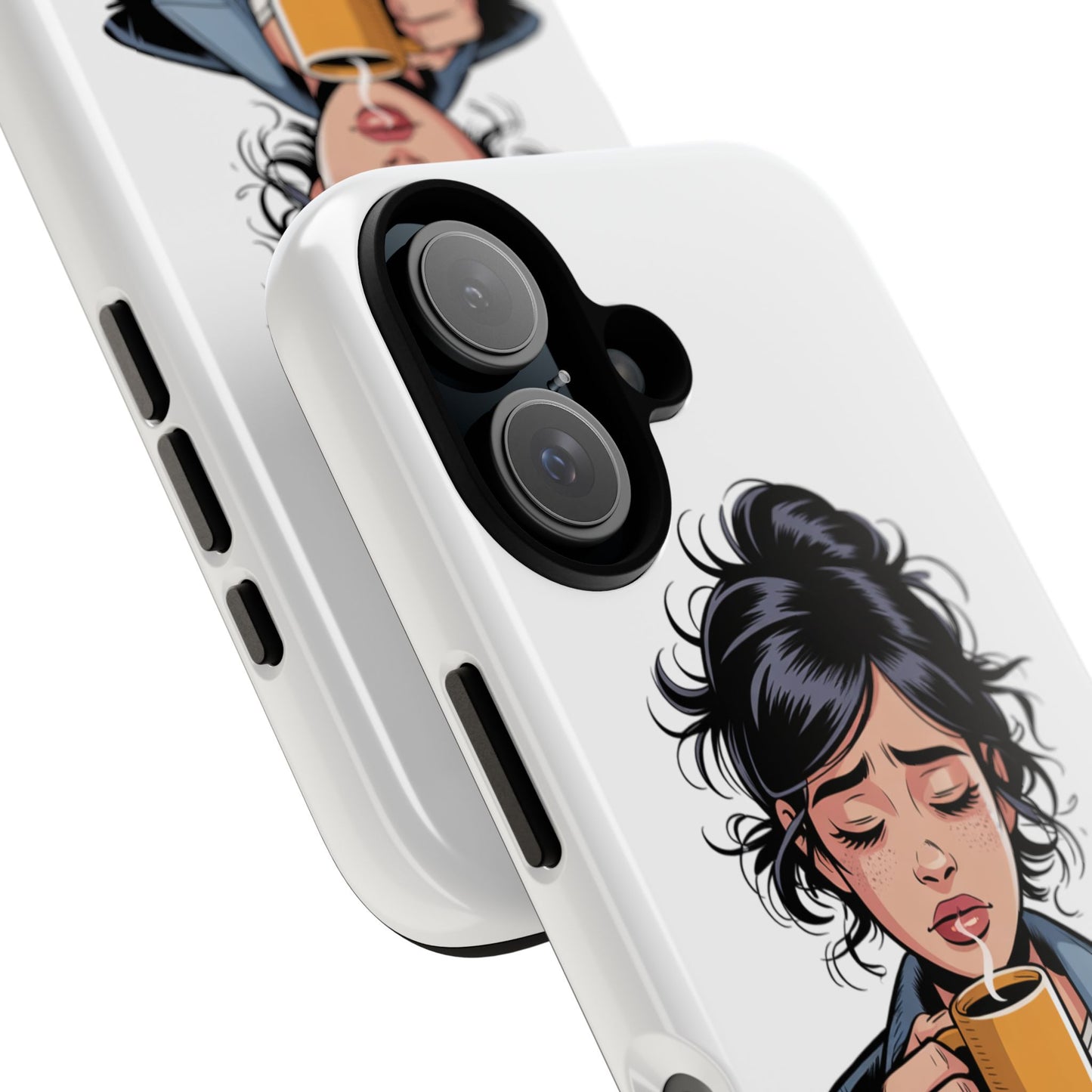 iPhone Phone Case — "First Coffee, Please" Woman Holding Mug, Funny Morning Coffee Gift