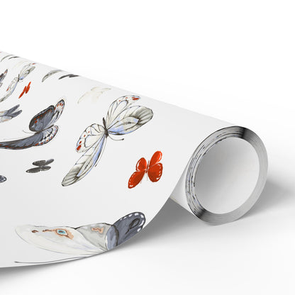 Butterfly Pattern Wrapping Paper — Watercolor Moths & Red Accent Gift Wrap