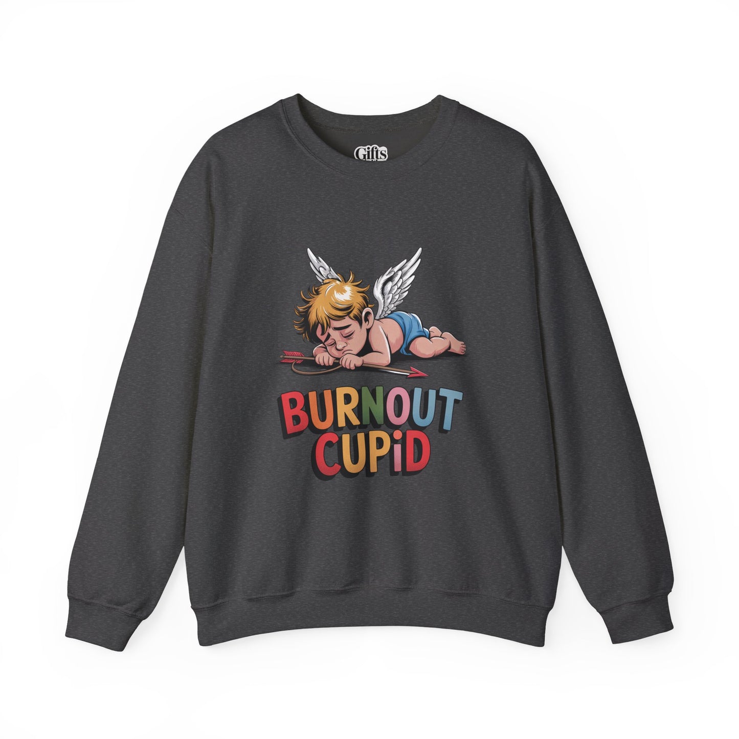 Burnout Cupid Sweatshirt — Tired Cupid Graphic Crewneck for Valentine’s Day