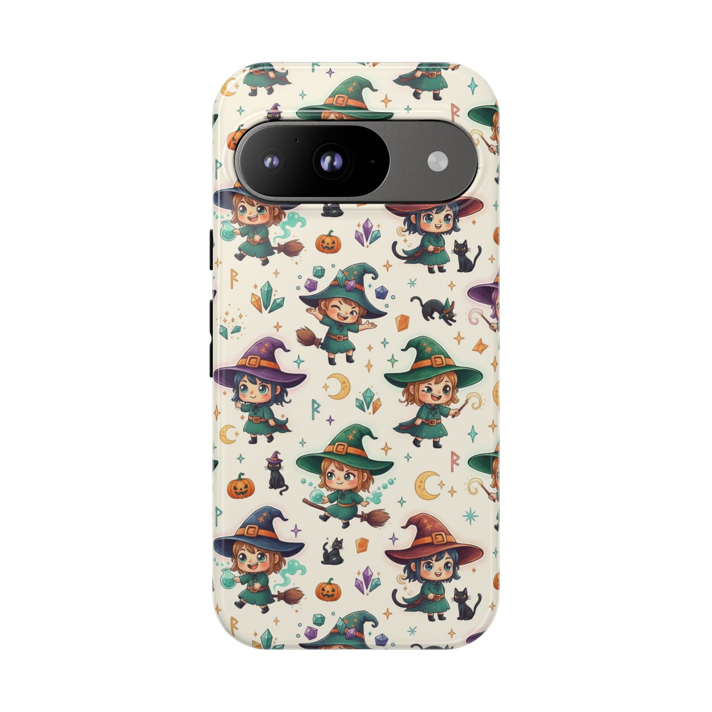 Google Phone - Cute Halloween Witch Phone Case – Cartoon Witches, Black Cats & Pumpkins