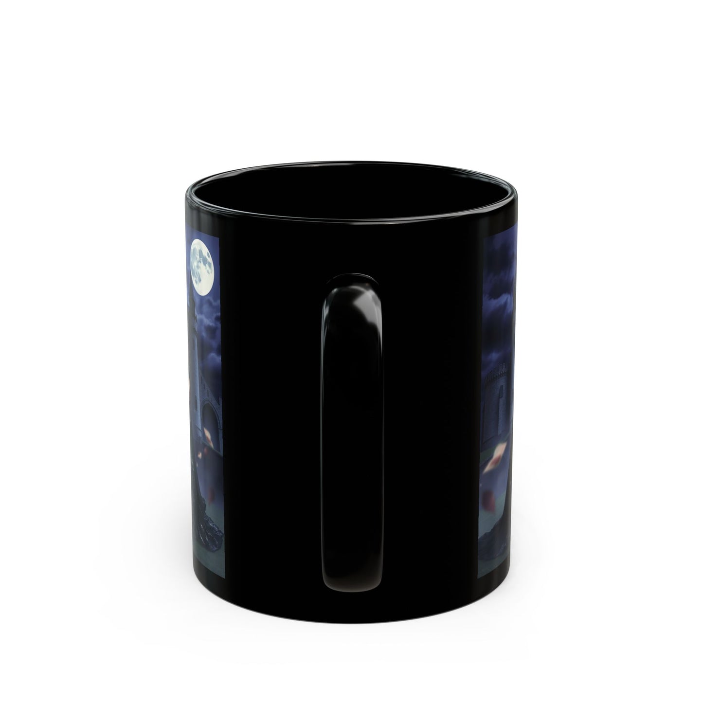 Gothic Moonlit Witch Black Coffee Mug — Dark Castle Night Scene (11oz/15oz)