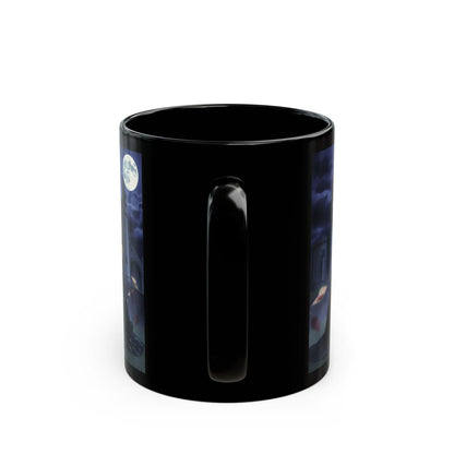 Gothic Moonlit Witch Black Coffee Mug — Dark Castle Night Scene (11oz/15oz)
