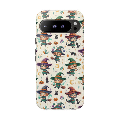 Google Phone - Cute Halloween Witch Phone Case – Cartoon Witches, Black Cats & Pumpkins