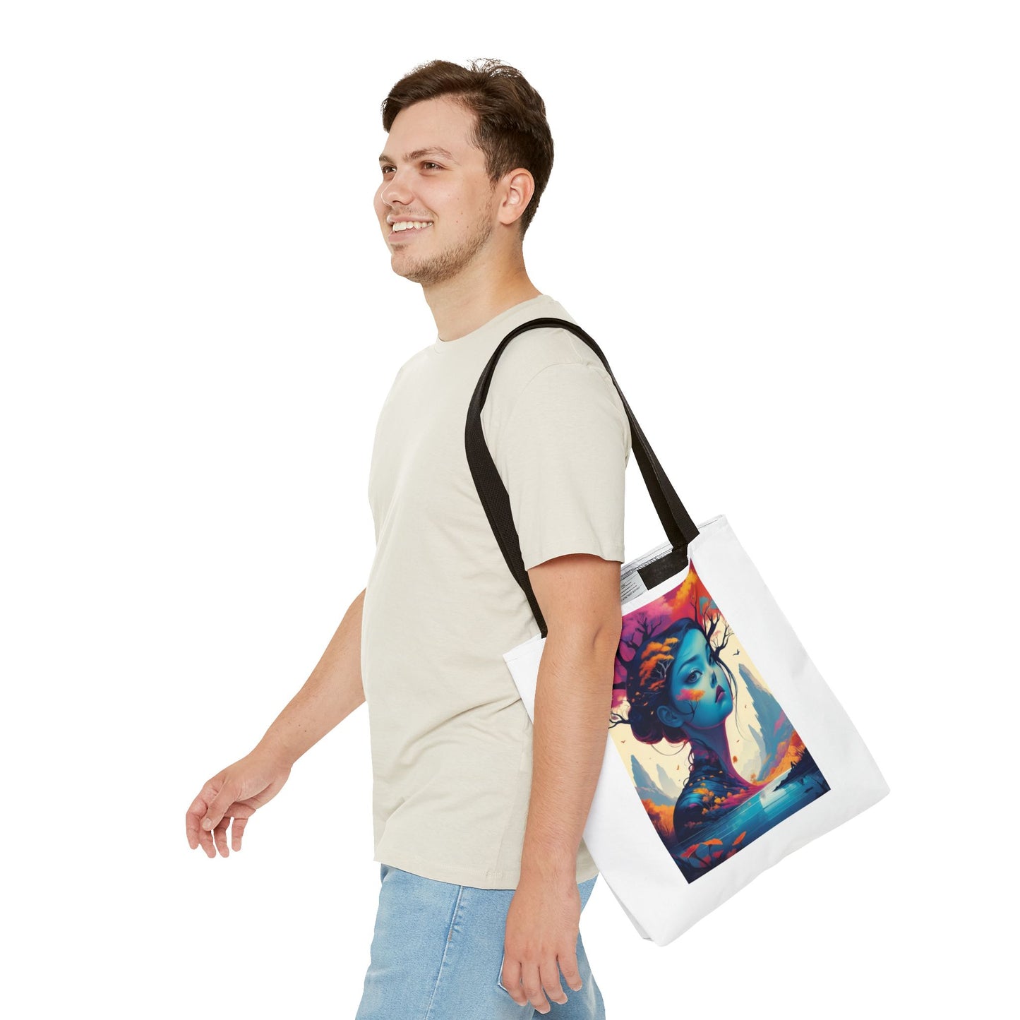 Artistic Blue Forest Maiden Tote Bag - Surreal Portrait All-Over Print