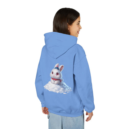 Youth Hoodie — Cute White Bunny in Snowback Graphic