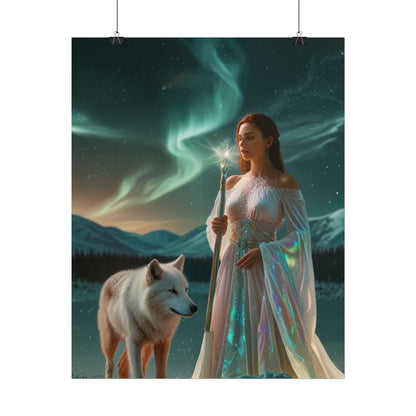 Aurora Guardian Poster – Fantasy-Frau mit weißem Wolf (Wandbild)