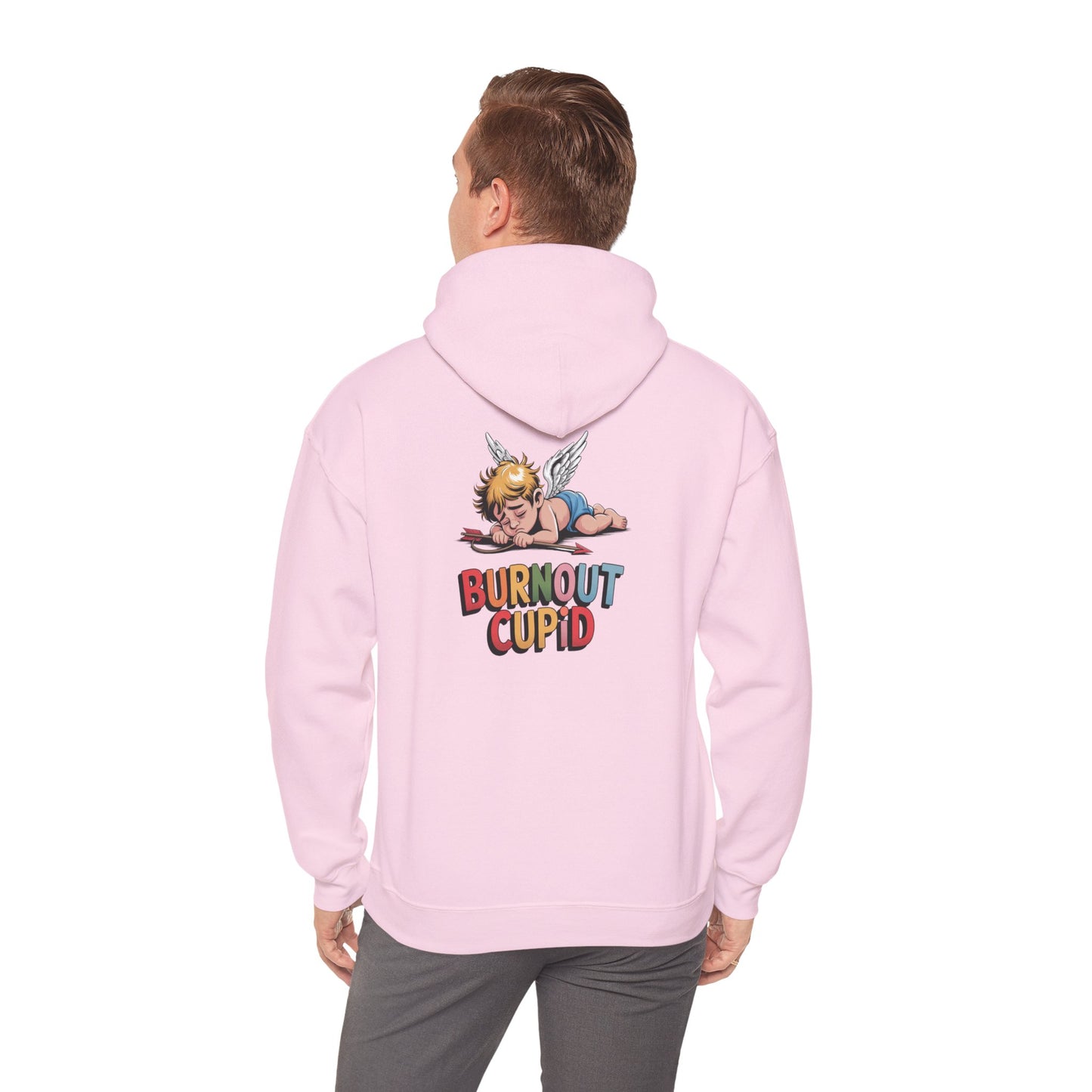 Burnout Cupid Hoodie — Cute Tired Cupid Graphic Pullover