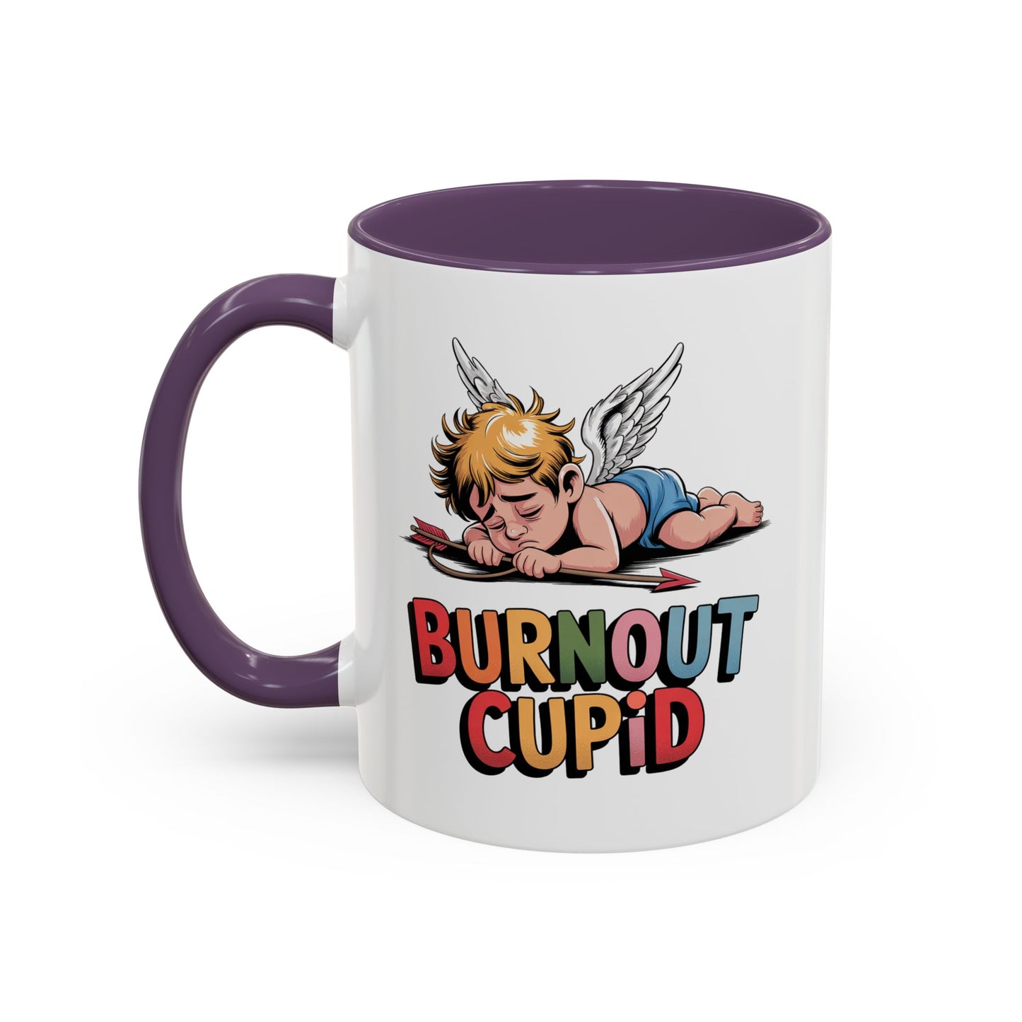 Burnout Cupid Coffee Mug — Cute Tired Cupid Accent Mug (11/15 oz)