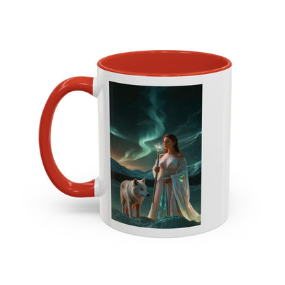 Taza de café Aurora Guardiana — Arte fantástico de mujer con lobo