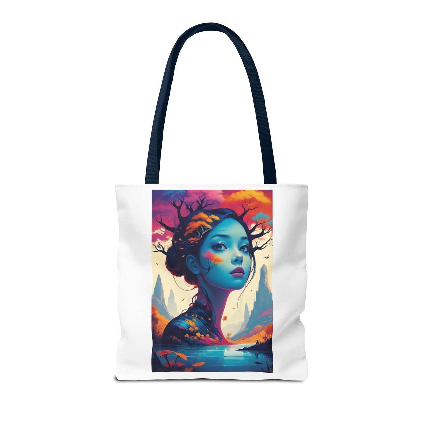 Artistic Blue Forest Maiden Tote Bag - Surreal Portrait All-Over Print