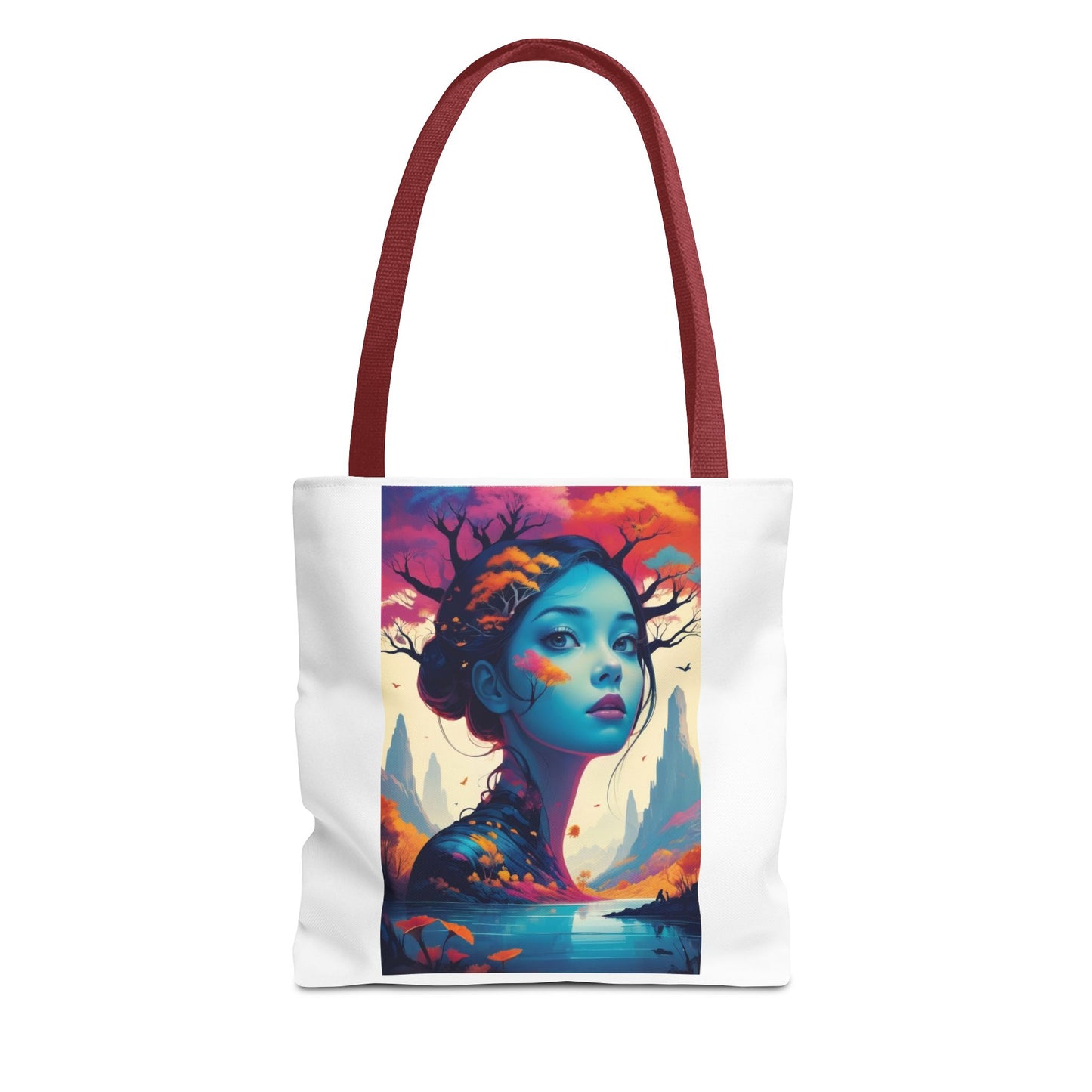 Artistic Blue Forest Maiden Tote Bag - Surreal Portrait All-Over Print