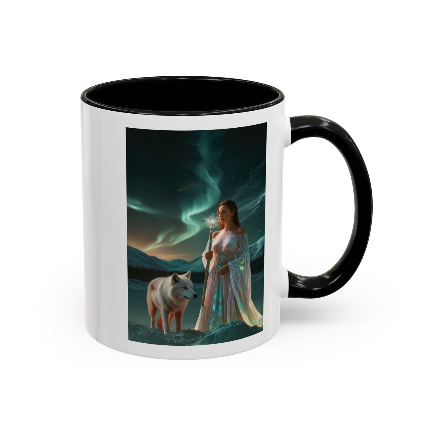 Taza de café Aurora Guardiana — Arte fantástico de mujer con lobo