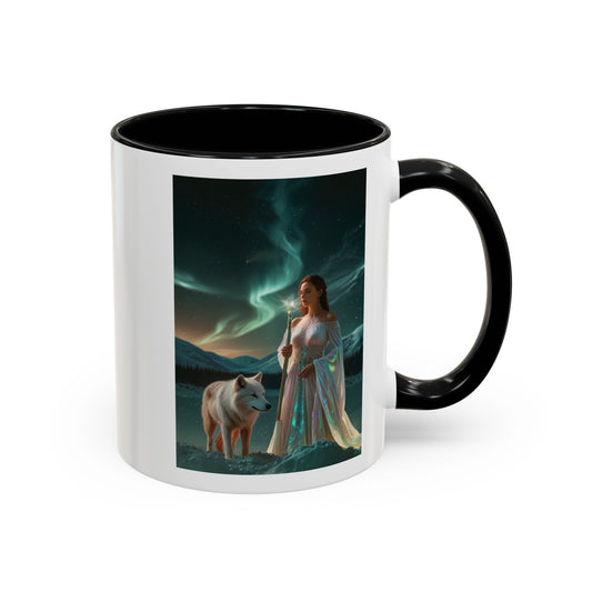 Aurora Guardian Coffee Mug — Woman with Wolf Fantasy Art