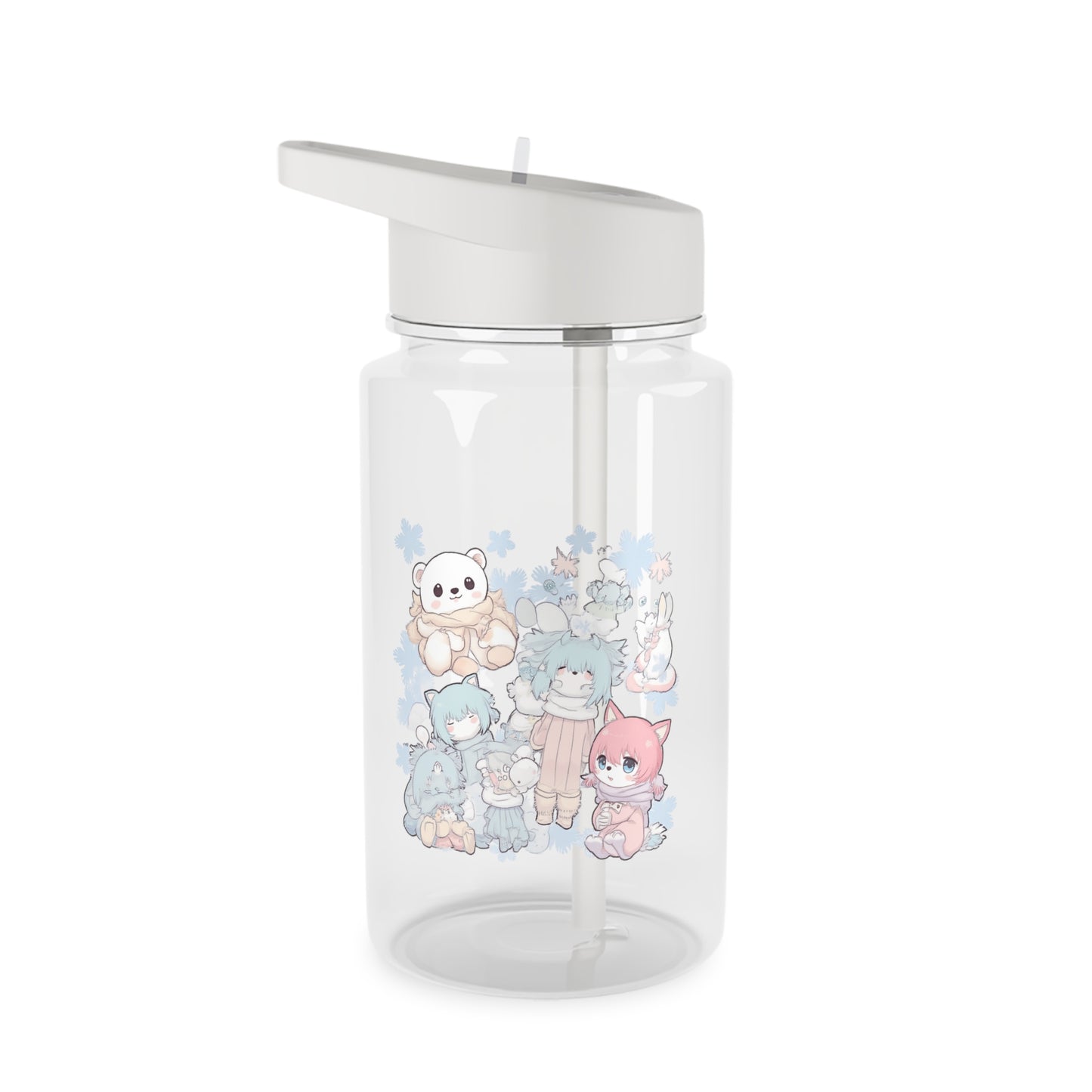 Niedliche pastellfarbene Plüsch-Tritan-Wasserflasche — Kawaii-Sportflasche mit Tiermuster