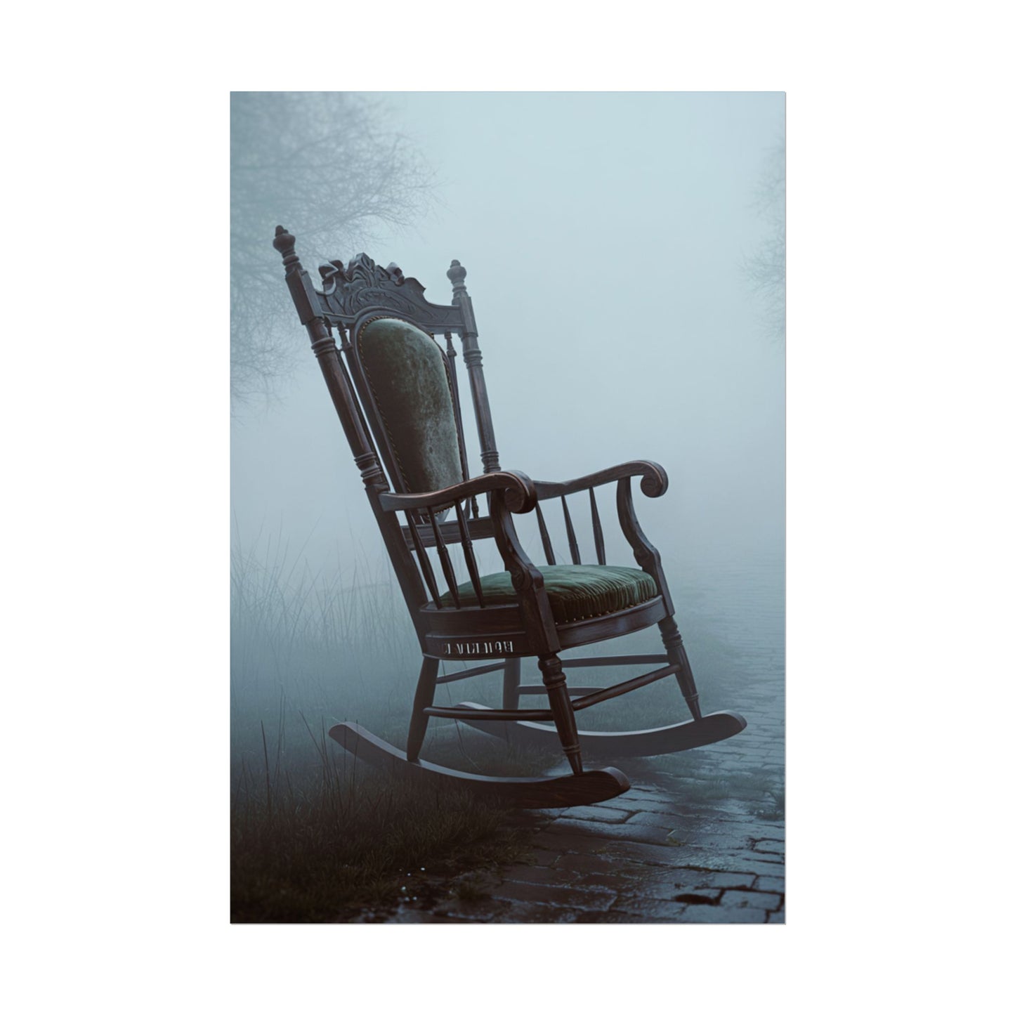 Vintage-Schaukelstuhl-Poster – Stimmungsvolles, nebliges Cottage-Wandbild (gerolltes Poster)