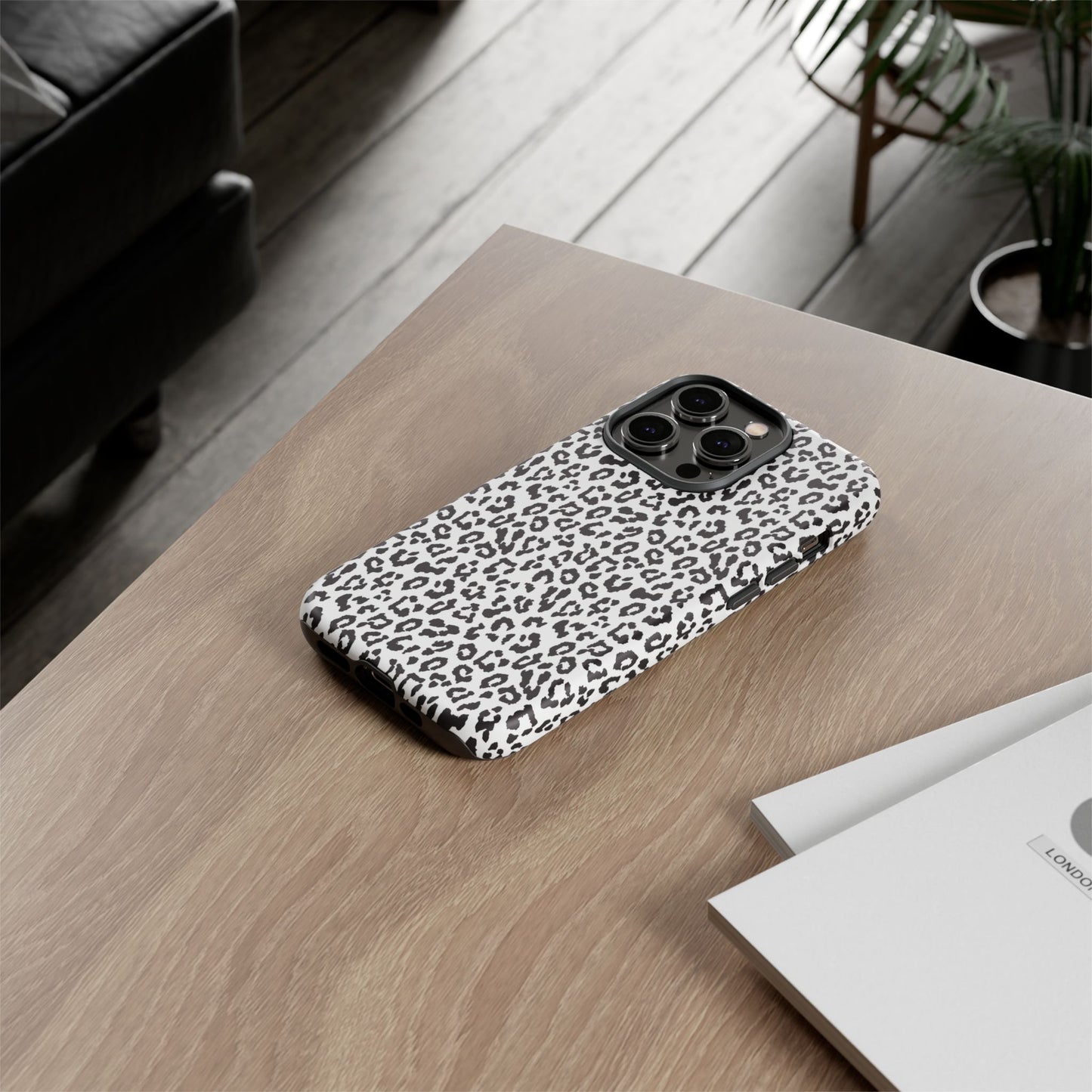 iPhone Leopard Print Tough Phone Case - Black & White Protective Cover