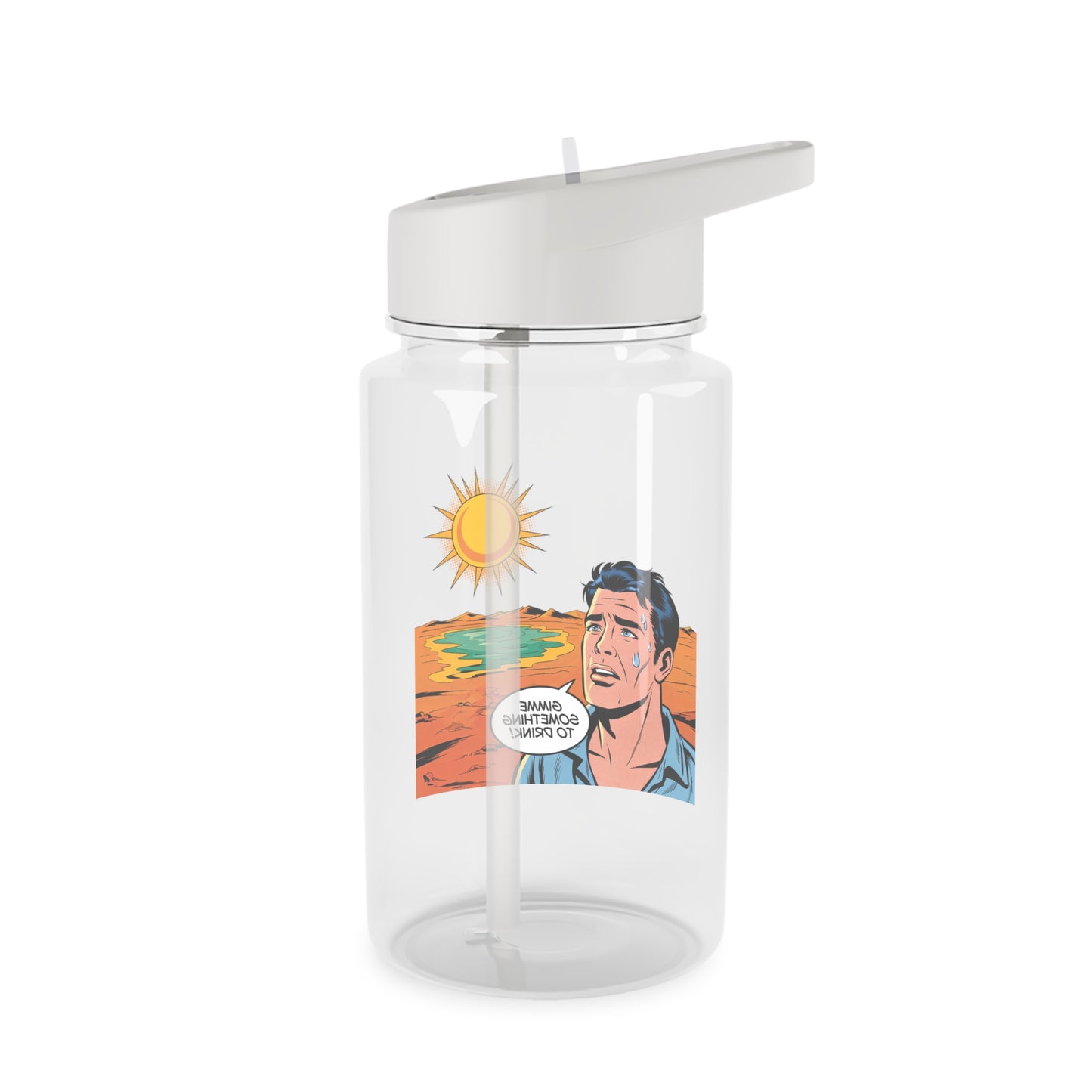 Tritan-Wasserflasche – Retro-Comic-Design „Bring etwas zu trinken“ von Sun Desert