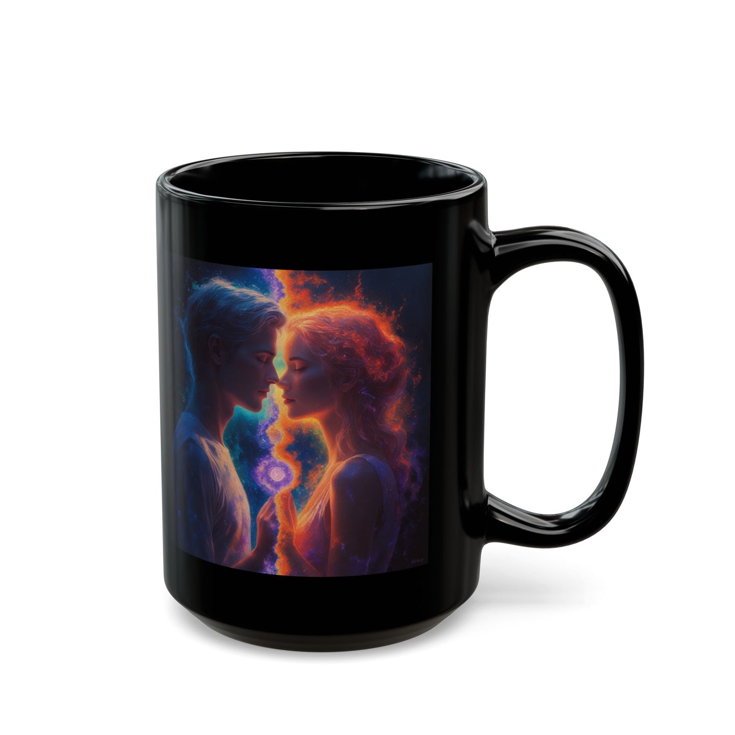 Cosmic Lovers Coffee Mug — Neon Starry Couple Black Mug (11oz/15oz)